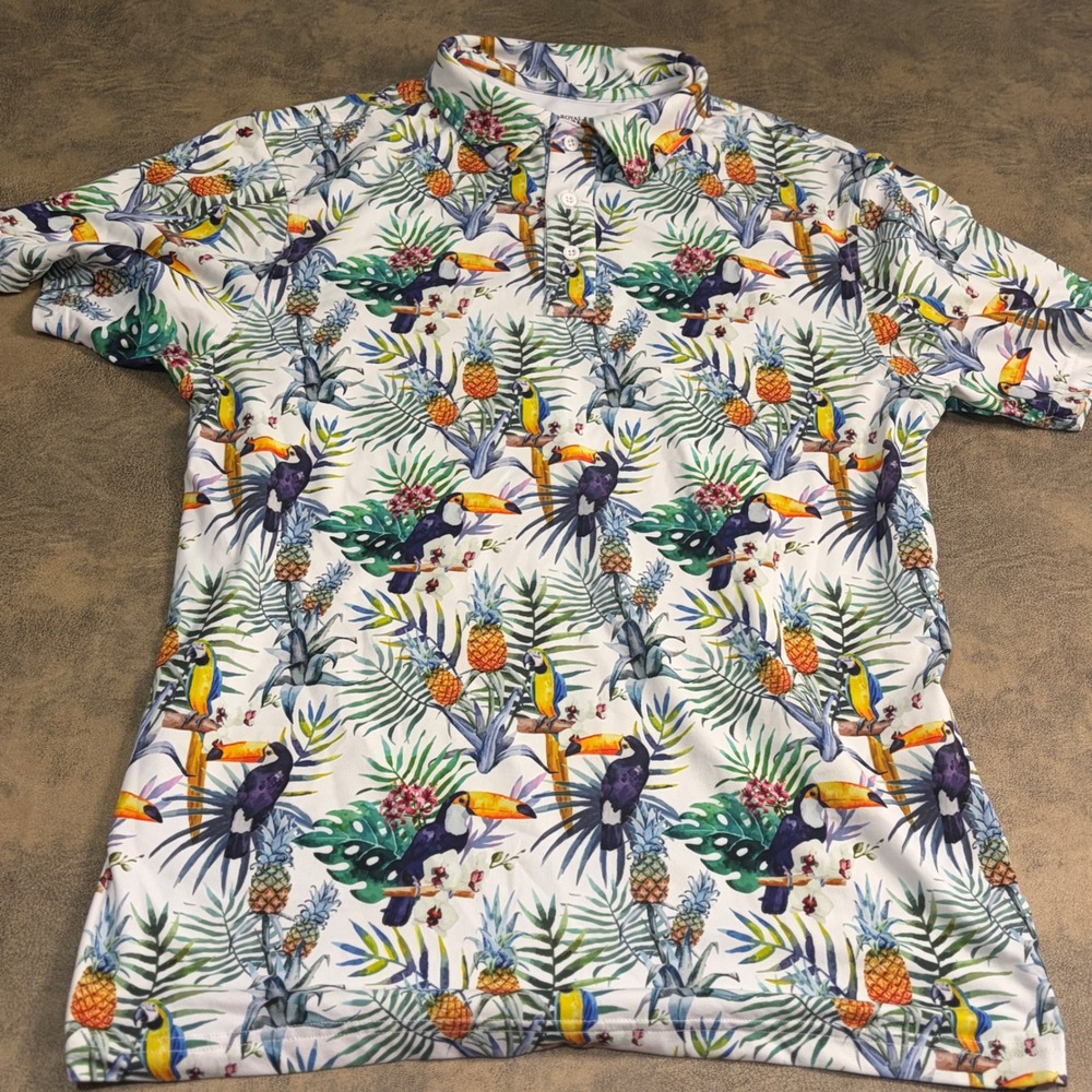 Royal & Awesome Polo Shirt Mens Medium White Tropical Toucan Parrot DEW263